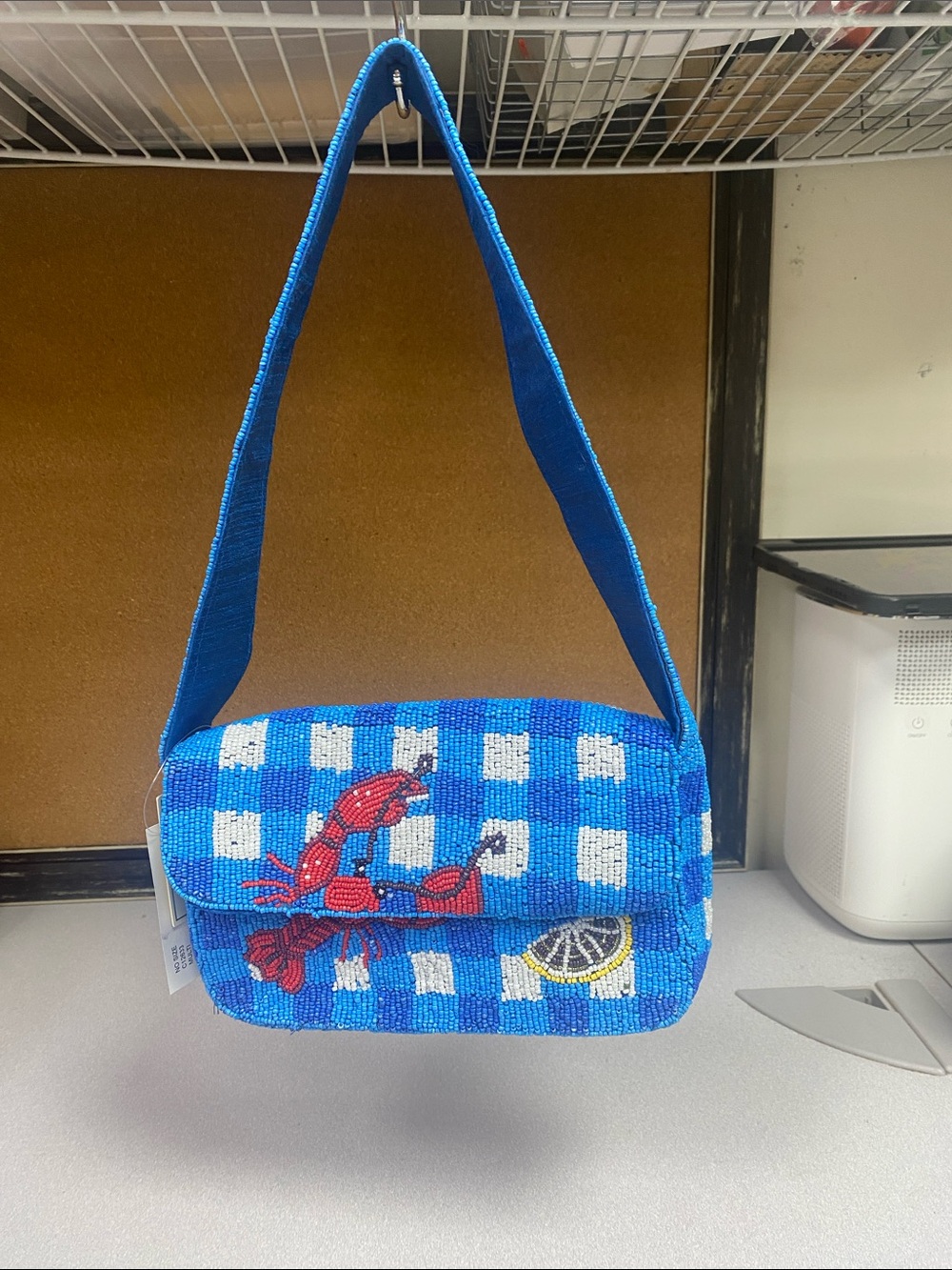 Blue Beaded Crossbody Bag with Lobster Motif